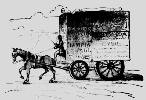 Carro con anuncios que comenzó a desplazarse por las calles de Madrid en 1851 según una información publicada ese año en las páginas de "La Ilustración"